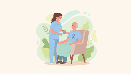 Nurse caring for senior man with health ribbon offering water and fruit for wellness