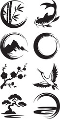 Elegant collection of traditional Asian brush stroke vector graphics, featuring nature-inspired symbols and cultural motifs for creative design projects