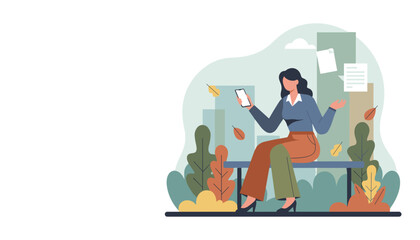 Businesswoman uses phone on a park bench Remote work communication and urban autumn lifestyle