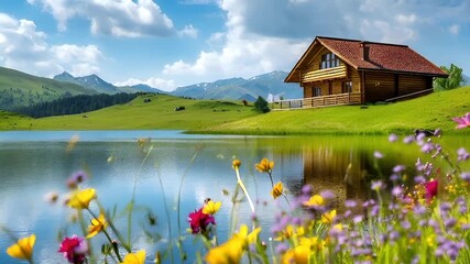 Aerial view of a serene lakeside meadow with blooming flowers and a wooden house in the background. The scene is set against a clear blue sky with a few wispy clouds.