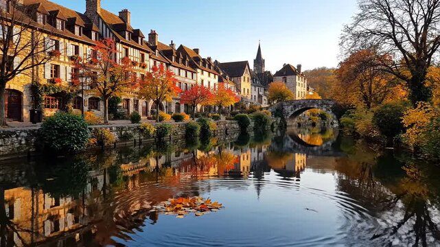 Idyllic european town riverfront buildings and autumn foliage reflection