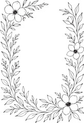 Elegant hand-drawn floral wreath frame with delicate flowers and leaves for wedding invitations and craft projects