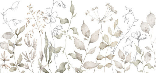 Watercolor seamless border with wild branches, grass, plants. Floral frame, botanical wedding invitation. Ethereal leaves and branches. Pressed, dried bouquet