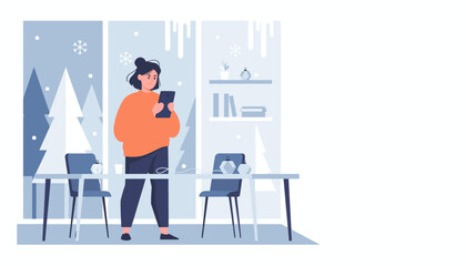 Angry woman uses smartphone in her winter home office frustrated by bad news or tech problems