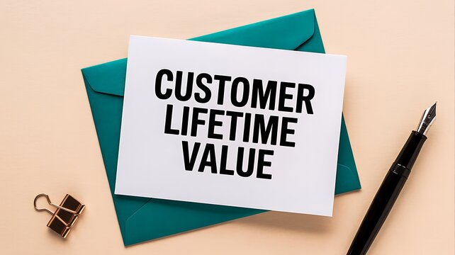 Customer lifetime value concept written on a white paper card with a teal envelope and a pen on a light background representing business and marketing strategy