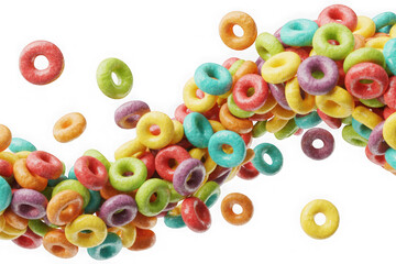 Colorful cereal loops falling isolated on transparent background