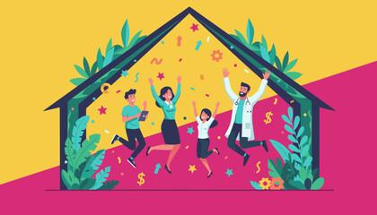 Happy professional team celebrating success inside a stylized home outline with plants confetti and money