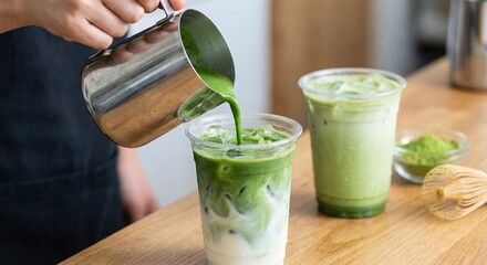 Barista pours vibrant green matcha into a refreshing iced latte for a healthy drink