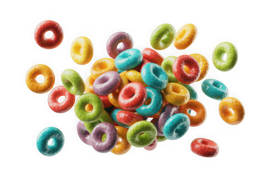 Colorful fruit loop cereal rings scattered on a black background isolated on transparent background