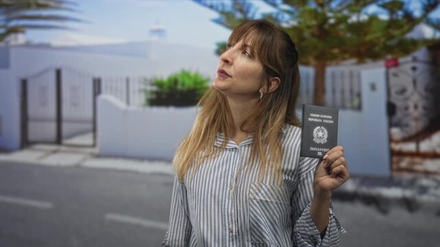 Woman holding italian passport looking up on a residential street by a house gate; hopeful travel planning.