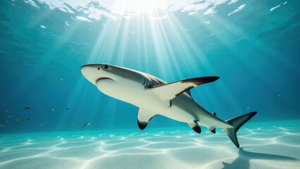 Fototapeta premium Graceful shark swims through clear blue waters, illuminated by sunlight filtering from above, creating serene underwater scene