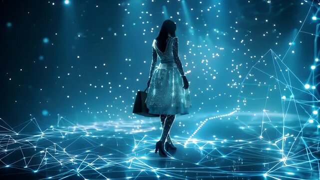Holiday shopping season. Retail business promotion concept. A digital artwork featuring a woman in a shimmering, sequined dress, standing against a backdrop of radiant blue lights and digital mesh.