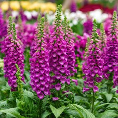 Obraz premium Tall spikes of purple foxglove flowers bloom in a lush garden.