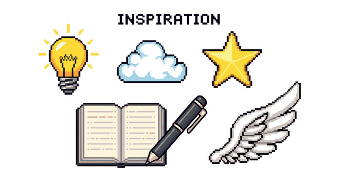 Set of pixel art inspiration icons including a lightbulb, star, cloud, book, pen, and wing in a retro 8-bit video game graphic style