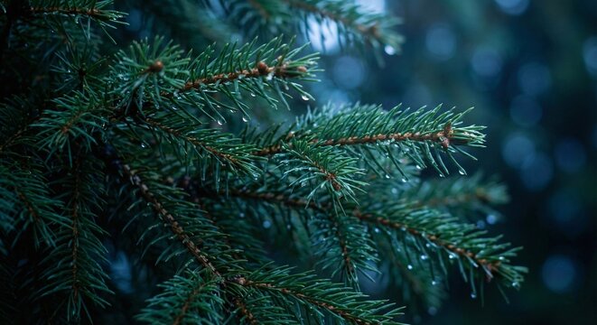 Beautiful green pine tree branches covered in fresh sparkling raindrops after a refreshing morning rain