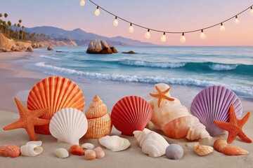 Colorful seashells and starfish on sandy beach at sunset with string lights and tropical charm
