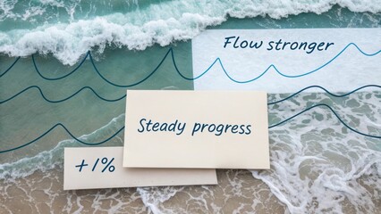 Waves illustrating steady progress on a sandy beach
