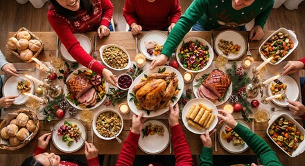 Family and friends gathered enjoying delicious traditional Christmas holiday dinner feast together