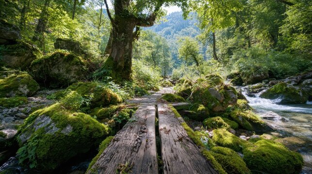 Weathered wooden trail bridge in a lush green forest scene