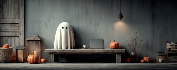Ghostly desk scene with pumpkins and laptop on a rustic table for autumn mood