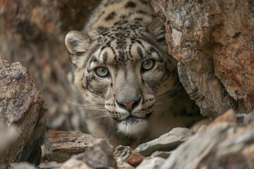 Fototapeta premium Snow leopard observing its surroundings in rocky terrain during daylight in the mountains