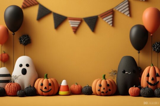 Cute Halloween scene with pumpkins ghosts candy corn balloons and festive bunting on orange backdrop