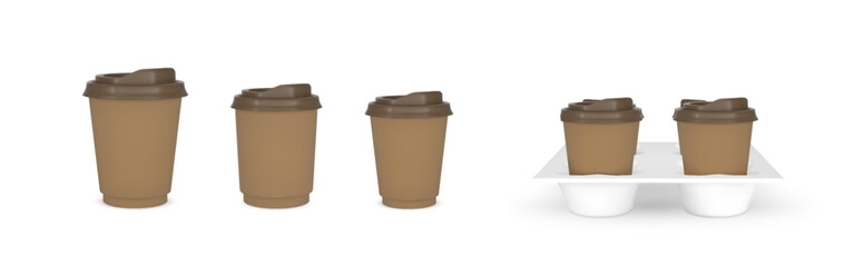 Takeaway Coffee or tea cup packages mock up 3D vector set, realistic craft brown paper mugs with plastic lid in holder