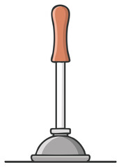 Plunger tool with wooden handle and rubber cup for plumbing tasks