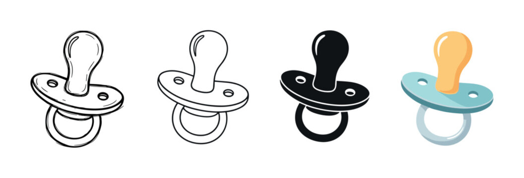 Baby pacifier icon set in four styles including sketch, line art, silhouette, and flat color vector illustration for newborn and infant care concepts,
