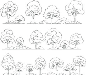 Architectural Drawings, Minimal style cad tree line drawing, Side view, set of graphics trees elements outline symbol for landscape design drawing.
