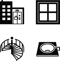 Building elevator window spiral staircase and stove icons