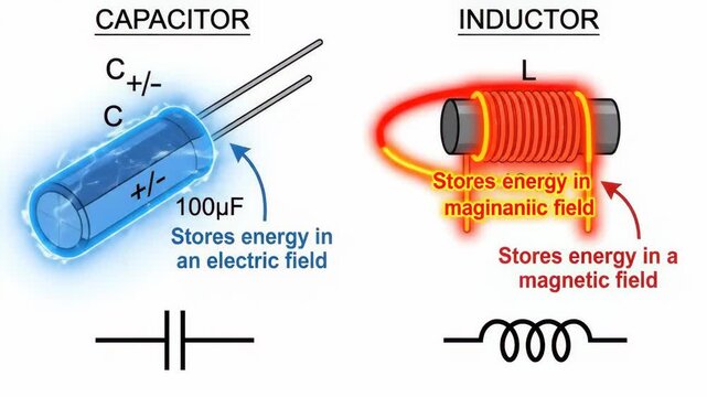 Capacitor storing energy in an electric field and inductor storing energy in a magnetic field, showing physical components and circuit symbols for electronics education