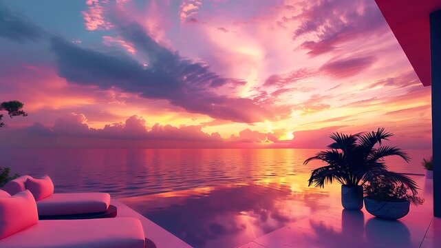 A vivid, highresolution digital artwork depicting a serene sunset over a tranquil ocean. The sky is painted in a gradient of pink, purple, and blue hues.