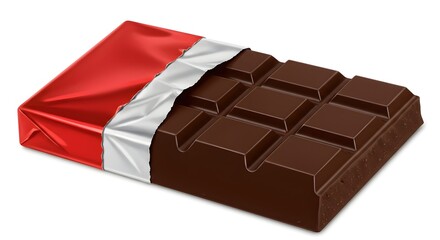Dark chocolate bar partially unwrapped from red foil, sweet treat isolated on white background