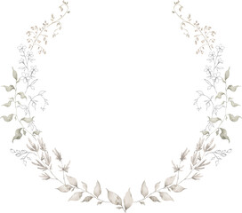 Watercolor wreath with wild branches, grass, plants. Floral frame, botanical wedding invitation. Ethereal leaves and branches. Pressed, dried bouquet