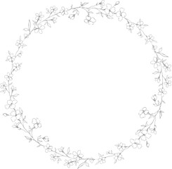 Line art wreath with wild branches, flowers, plants. Floral frame, botanical wedding invitation. Ethereal leaves and branches. 