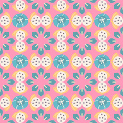 Retro abstract dragon fruit and flowers seamless pattern on pink background.