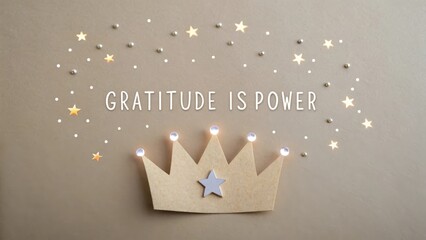 Crown with Stars, Beads, and Text on Beige Background