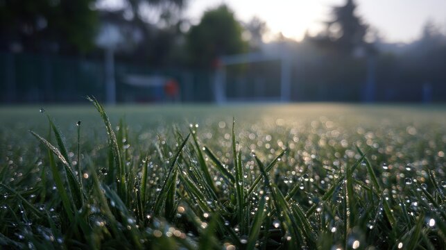Dew drops glistening on green grass in morning sunlight - Powered by Adobe
