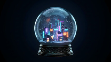 Floating Snow Globe Sphere Containing Neon City with Swirling Snow Particles