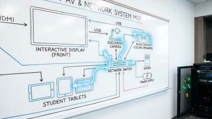 Classroom whiteboard displaying a detailed system map of audio visual and network equipment, outlining connectivity between teacher laptops, student tablets, interactive displays, and a server rack - Powered by Adobe
