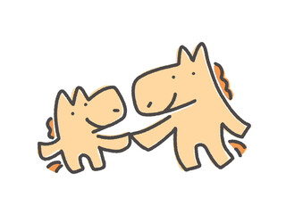 笑顔で仲良く手を繋いで並ぶ2頭のかわいい馬の親子キャラクター　正月素材