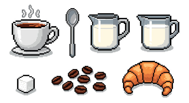 Pixel art coffee breakfast icon set with a steaming cup, croissant, milk pitcher, sugar cube, and beans in a retro 8-bit video game style