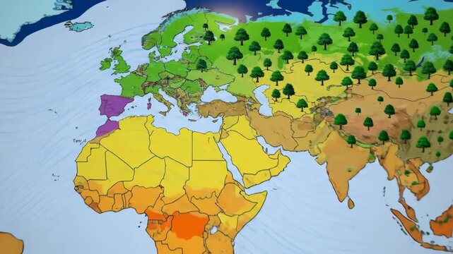 World map illustrating global climate zones, air currents, precipitation patterns, vegetation biomes, and human activity, providing environmental and geographical data