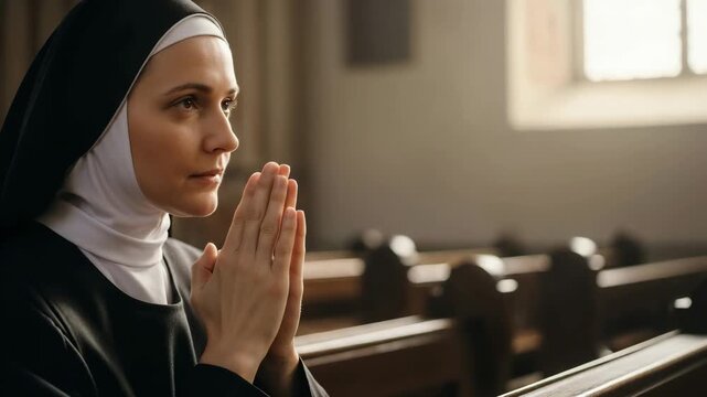 A young Caucasian woman in a black habit prays with her hands clasped together in a church. Wooden pews and soft light create a serene atmosphere.