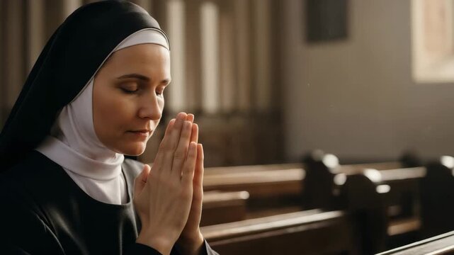 A young Caucasian woman in a black habit and white headscarf prays with her hands clasped together in a church. Wooden pews are visible in the background.