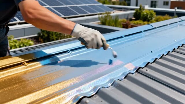 Worker carefully brushes lightreflective finish onto roofing panels showcasing sustainable methods for urban heat management.