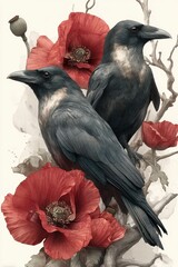 Obraz premium Two ravens perched on vivid red poppies in a botanical watercolor illustration with soft tones and branches
