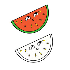 Two half slice watermelon characters one colored and one outline black and white both with cute faces looking up isolated on white background food illustration design element