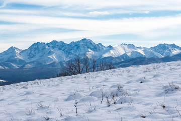 The majestic peak of Kriv&aacute;ň (Krywań) dominating the High Tatra Mountains, Slovakia. Wintry landscape from a Polish viewpoint, featuring snow and dramatic clouds.